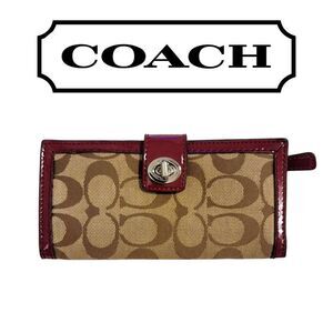 Coach Signature Canvas and Red Patent Leather Trim Wallet